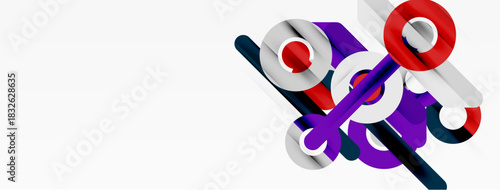 Abstract geometric shapes, vibrant colors, modern design. Purple, red, white elements create dynamic composition. Minimalist aesthetic.