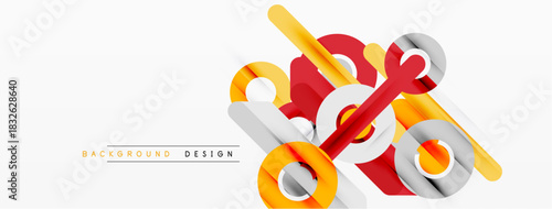 Abstract geometric shapes overlap, creating dynamic visual effect. Red, orange, gray elements contrast against white background. Modern design.