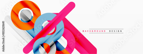 Abstract geometric shapes overlap, creating vibrant composition. Pink, blue, orange elements dominate white space. Modern design aesthetic.