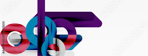 Abstract geometric shapes overlap, creating vibrant visual composition. Purple, teal, red hues dominate design. Minimalist style.