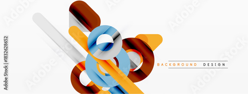 Abstract geometric shapes overlap, creating dynamic visual effect. Orange, blue, brown tones dominate design. Minimalist style.