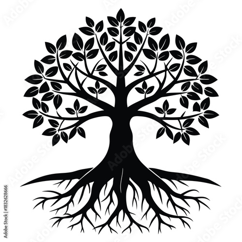 A silhouette of a symmetrical tree with leafy foliage and a detailed root system is centered