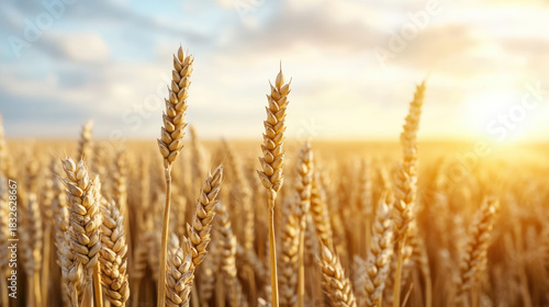 Fototapeta Naklejka Na Ścianę i Meble -  Golden wheat field wheat sunlight sunrise rural crop grain summer