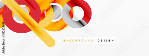 Abstract colorful shapes overlap, creating dynamic background. Modern design features vibrant orange, red, silver tones. Simple text reads background design.