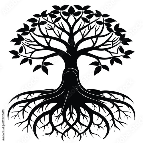 A solitary black tree stands strongly, with roots firmly planted and leaves unfurling