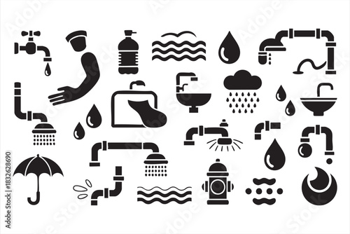 Water and plumbing icon set with taps, pipes, droplets, and showers