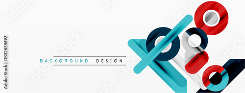 Abstract geometric shapes, blue, red, teal. Minimalist design with overlapping elements. Clean background creates modern aesthetic.