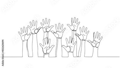 One line art Continuous raised hands in a seamless design and line drawing
