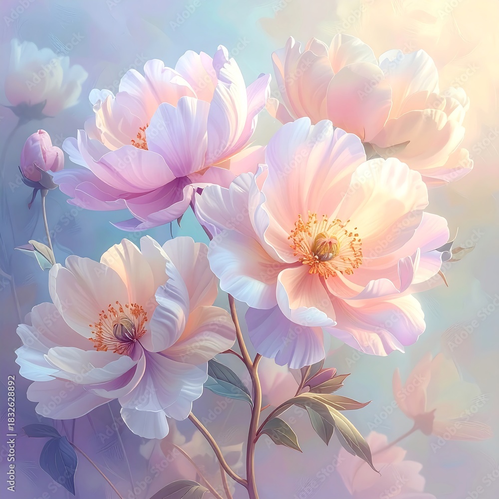 Fototapeta premium Close-up of pastel-colored blooms, featuring delicate petals and golden centers, with soft light illuminating the blossoms in a dreamy composition