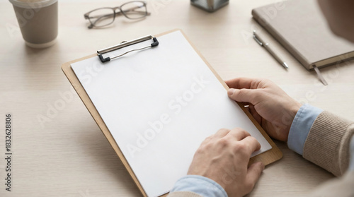 Professional Hands Holding a Clipboard with Blank White Paper, Ready for Business Presentations or Important Office Documents