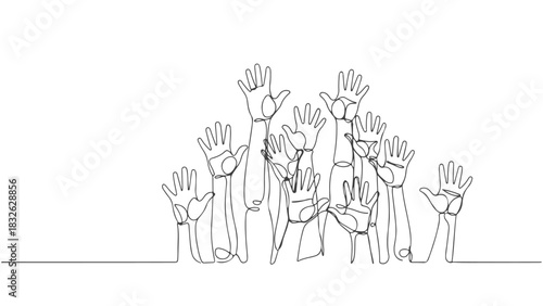 A group of raised hands volunteering, illustrated in a minimalist one line art continuous drawing