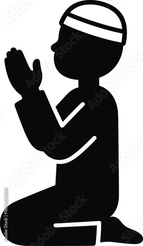 Muslim boy praying silhouette wearing kufi cap hands up in dua position muslim pray icon
