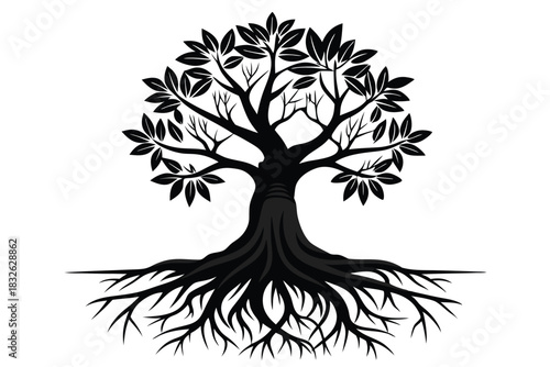 Silhouette of a leafy tree displays intricate roots and branches in stark contrast