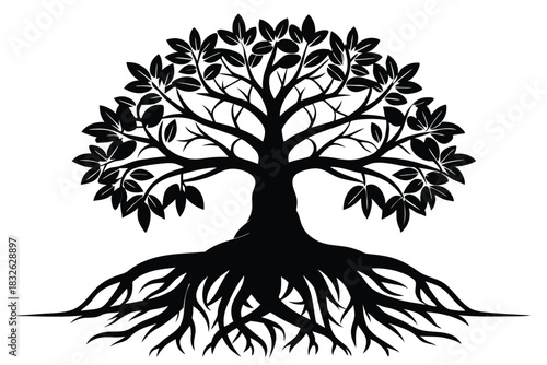 Striking silhouette portrays a detailed tree featuring leaves, branches, and roots against a white background