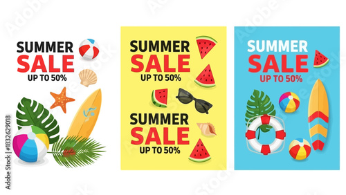Summer Sale Posters with Beach Elements Watermelon, Surfboard, Lifebuoy and Palm Leaf