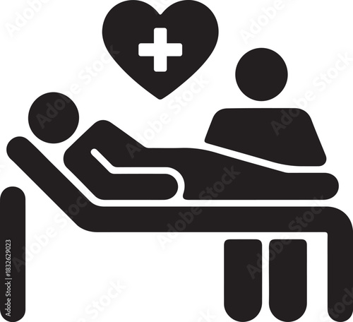 Patient care silhouette icon with hospital bed and heart symbol vector illustration