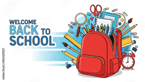 Welcome Back to School Backpack and Educational Supplies Illustration