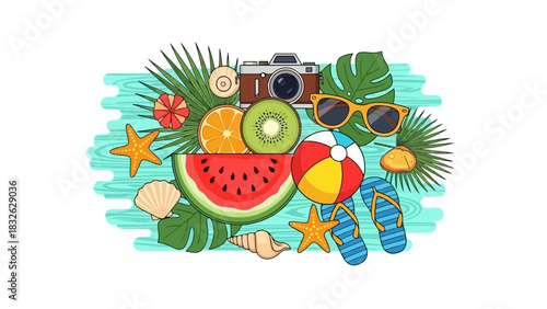 Summer Vacation Flat Design Palm Leaves, Watermelon, Camera, Sunglasses, Seashells, Starfish