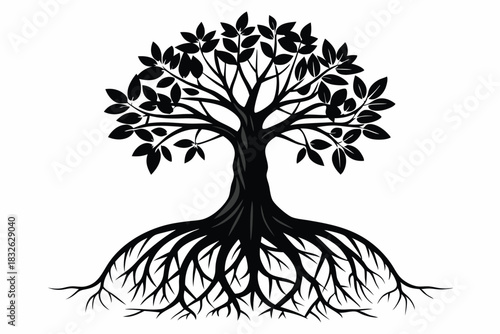 Beautiful detailed tree silhouette with intricate roots and leaves is showcased clearly here