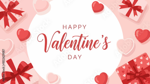 Valentine's Day Celebration Hearts, Gifts & Festive Decor, Pink Background