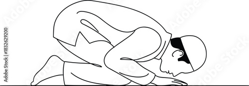 Muslim man performing prostration in prayer line art illustration depicting an act of islamic devotion