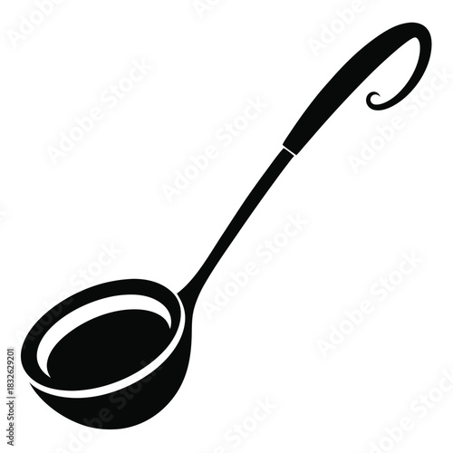 Simple black silhouette of a soup ladle resting on a plain white background