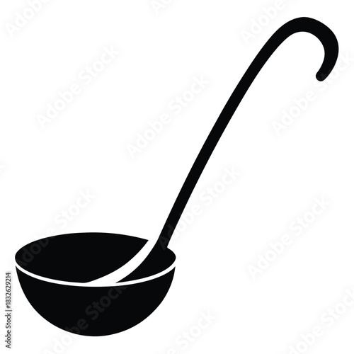 A black ladle is displayed with long handle and bowl ready for cooking use