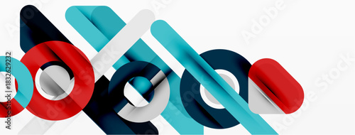 Abstract geometric shapes overlap, creating dynamic composition. Colors include red, blue, gray, white. Modern design elements present.