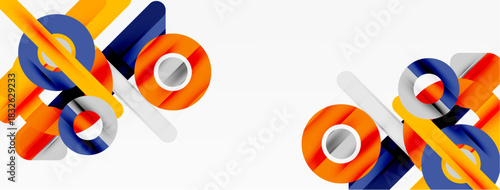 Abstract geometric shapes, vibrant colors, dynamic composition. Orange, blue, gray elements create modern design. Clean lines, overlapping forms.