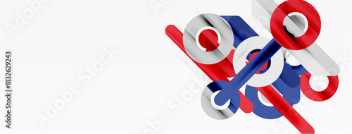 Abstract geometric shapes, red, white, blue elements. Minimalist design, clean lines, modern aesthetic. Composition focuses on form, color interplay.