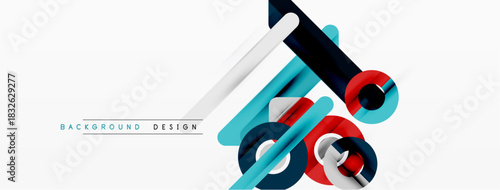 Abstract geometric shapes overlap, creating dynamic visual effect. Blue, red, white colors dominate clean background. Modern design element.