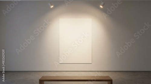 Art Gallery, Empty Exhibition Space with a Blank White Canvas, Illuminated by Warm Spotlights, and a Modern Wooden Bench