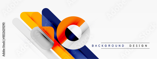 Abstract geometric shapes overlap, creating dynamic composition. Orange, blue, gray colors dominate design. Minimalist style, modern aesthetic.