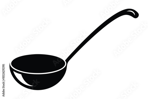 A simple, monochrome soup ladle displays a long handle and rounded bowl design