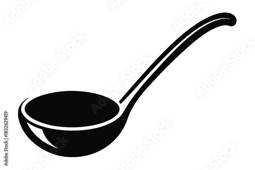 A black and white depicts a ladle with a curved handle gracefully