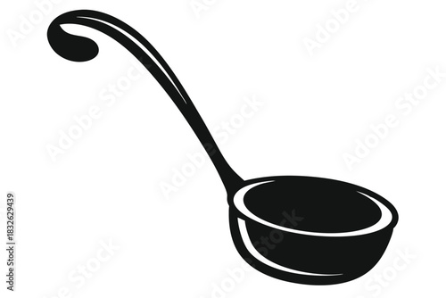 Black and white art displays a simple, elegant soup ladle design