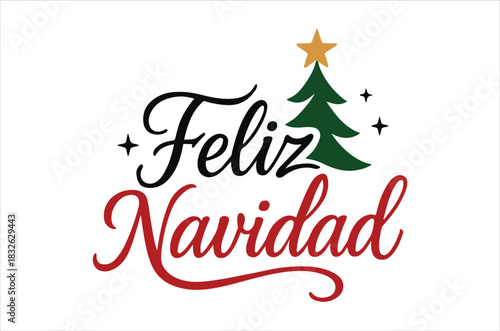 Feliz navidad greeting with a christmas tree and a shining star illustration
