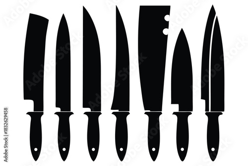 Assorted culinary knives displayed as black silhouettes against white, presenting diverse cutlery for meal preparation