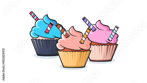 Set of three colorful cartoon cupcakes vector illustration with striped straw toppings and vibrant pink, blue, and light pink icing. Ideal for bakeries, sweet shop logos, dessert menus, and cheerful