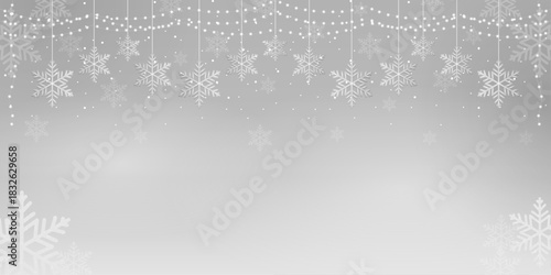 A classy winter-themed background created with white hanging snowflakes, bokeh lights, and scattered snow on a soft gray gradient. Ideal for sophisticated holiday designs, winter invitations.