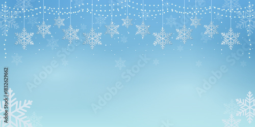 A serene winter background featuring delicate hanging snowflakes, falling dots, and glowing decorative lights on a soft blue gradient. Ideal for holiday greeting cards, web banners, social media posts