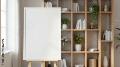 A Blank White Picture Frame on a Wooden Easel, Ready for Artwork in a Modern Living Room, Bathed in Natural Light, Featuring a Stylish Bookshelf.