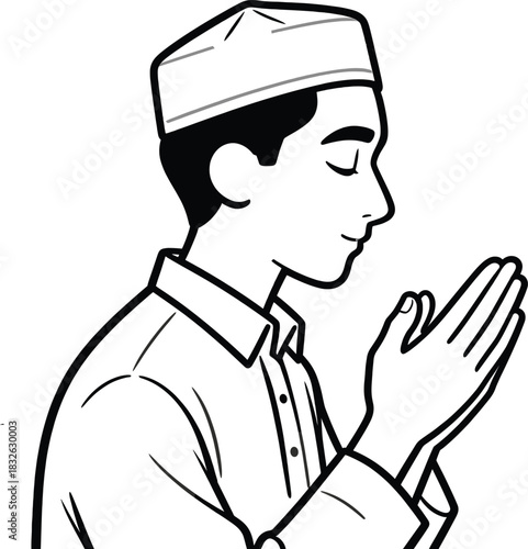 Muslim man pray icon. side profile of a man with a peci cap praying with clasped hands line art vector