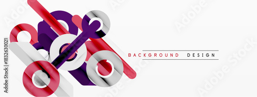 Abstract geometric shapes overlap, creating dynamic visual effect. Red, purple, silver tones dominate white background. Modern design element.