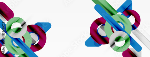 Abstract shapes intertwine, creating dynamic composition. Colors include blue, green, maroon, silver. Minimalist design, clean aesthetic.