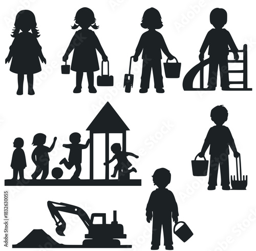 Carefree childhood and summer games. A set of silhouettes of children playing in a sandbox and on a playground.