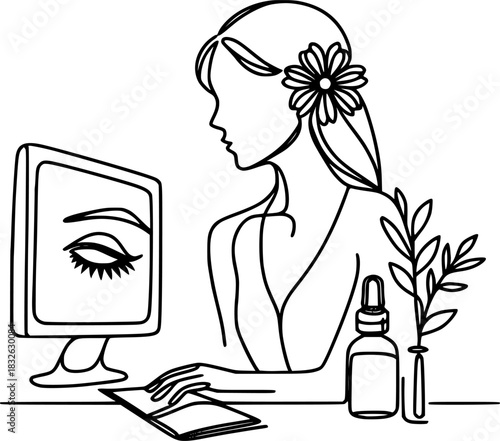 The digital beauty industry. A girl studies makeup tutorials on her computer.