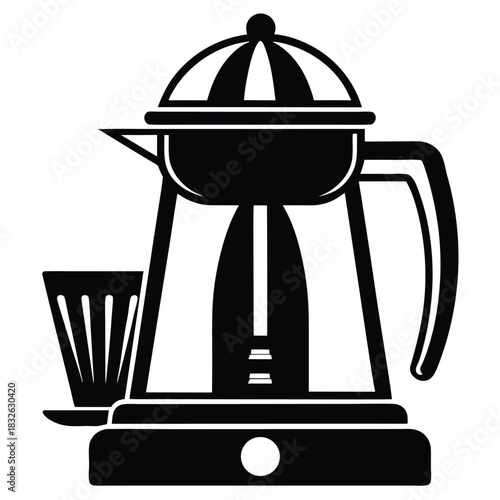 Black coffee maker stands beside patterned cup, ready to brew a fresh, invigorating beverage