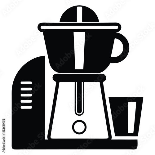 A stylized black and white icon depicts a juicer with a full glass
