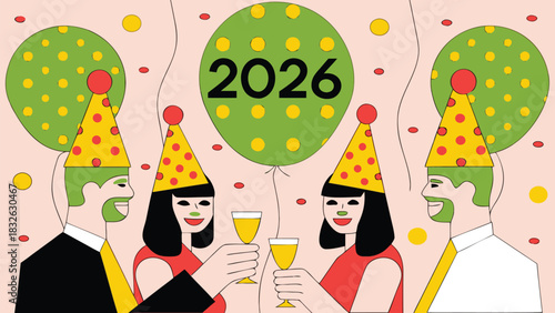 Friends Celebrating New Year 2026 Toasting with Festive Drinks and Hats